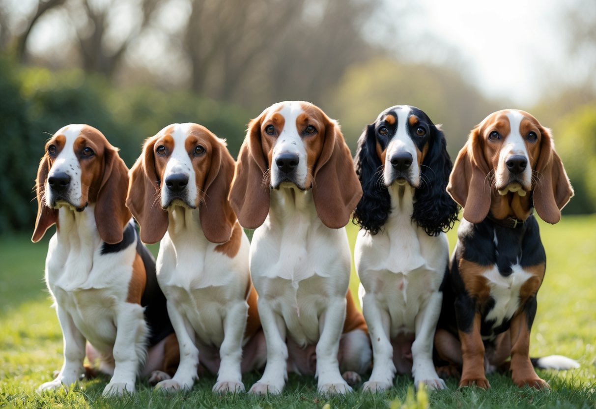 Five dogs with long ears sitting and standing together outdoors with greenery in the background.