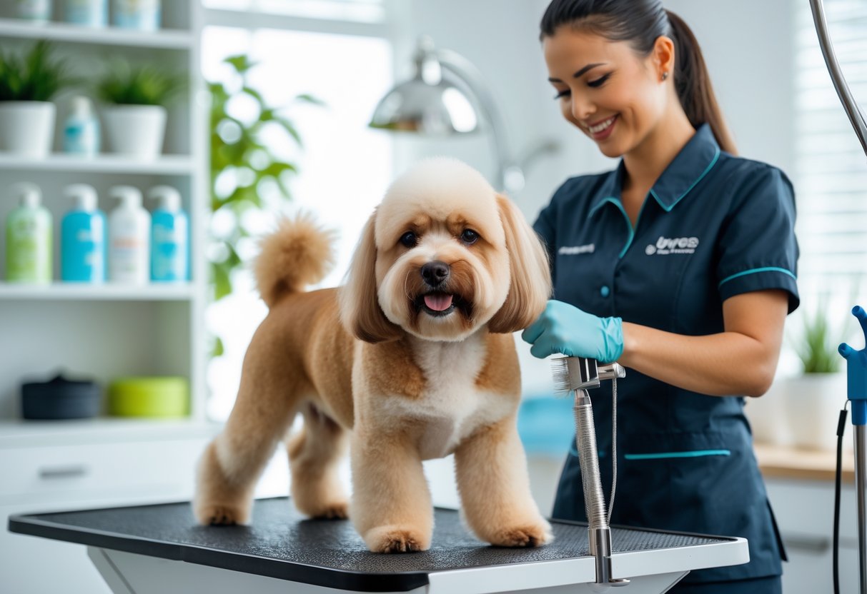 A dog groomer gently grooming a medium-sized dog on a grooming table inside a clean, bright grooming salon.