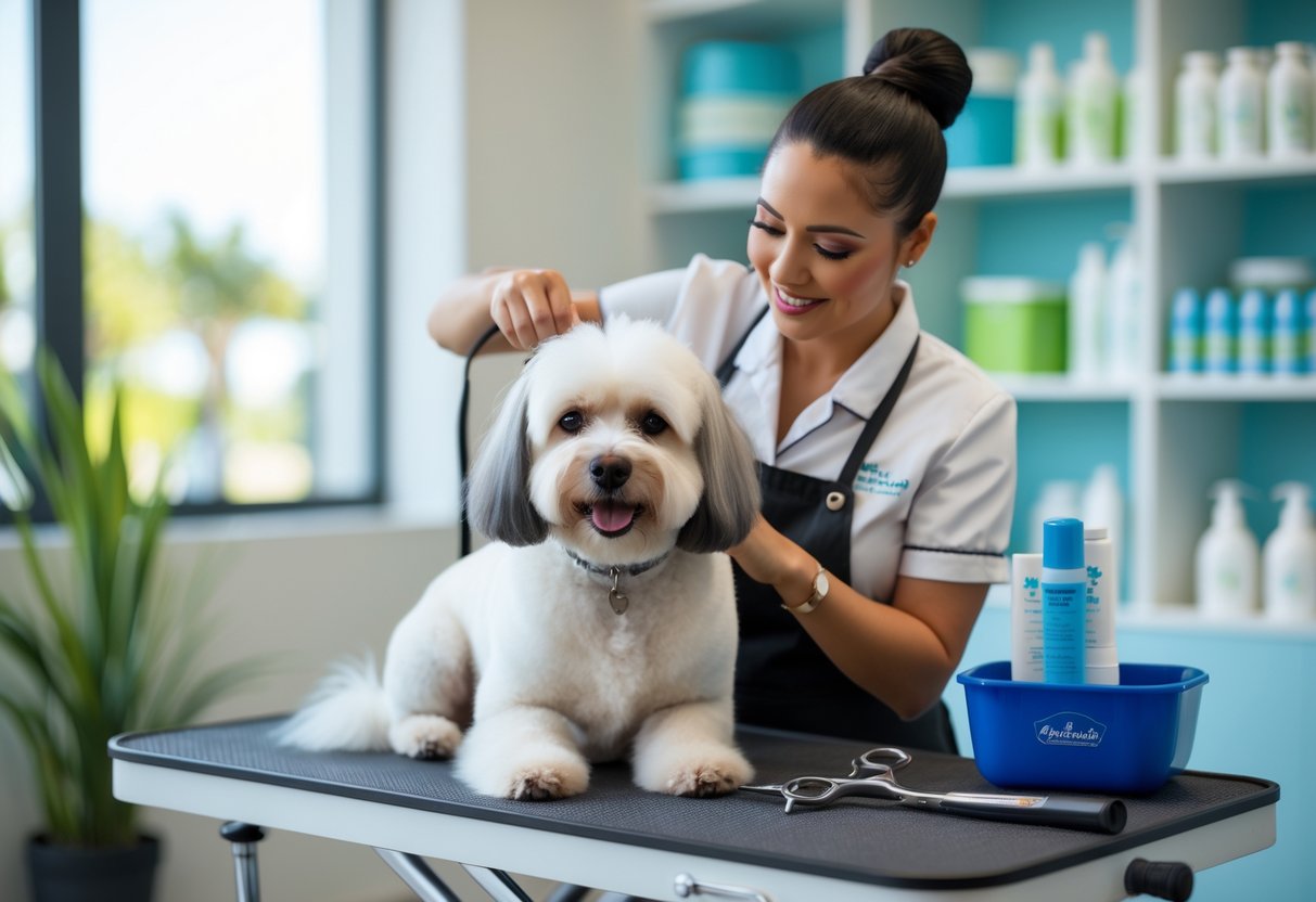 A professional dog groomer gently grooming a calm dog on a grooming table inside a bright and clean grooming salon.
