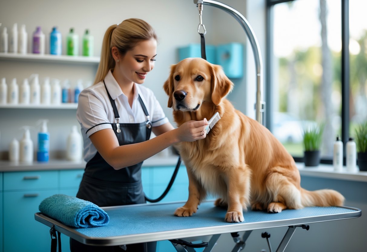 A dog groomer brushing a golden retriever on a grooming table in a clean pet salon.