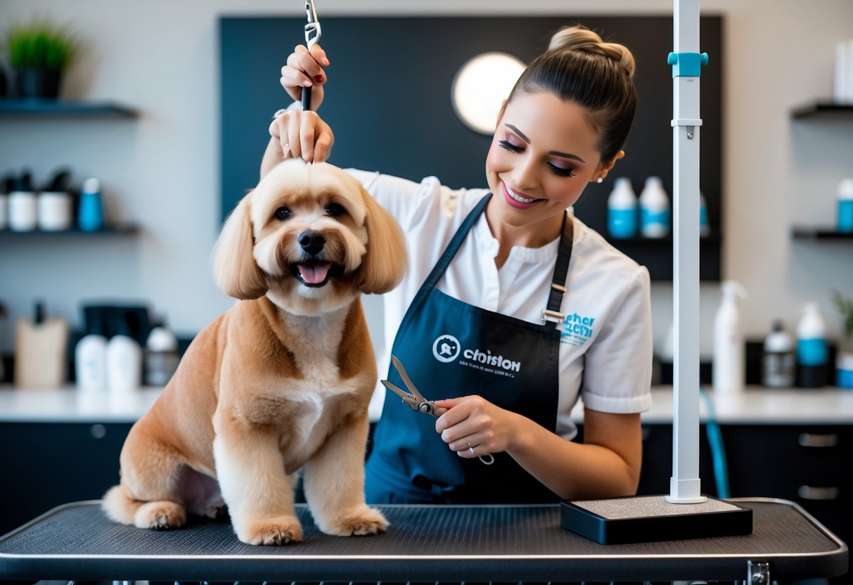A dog groomer carefully grooming a calm dog on a grooming table in a clean, organized salon.