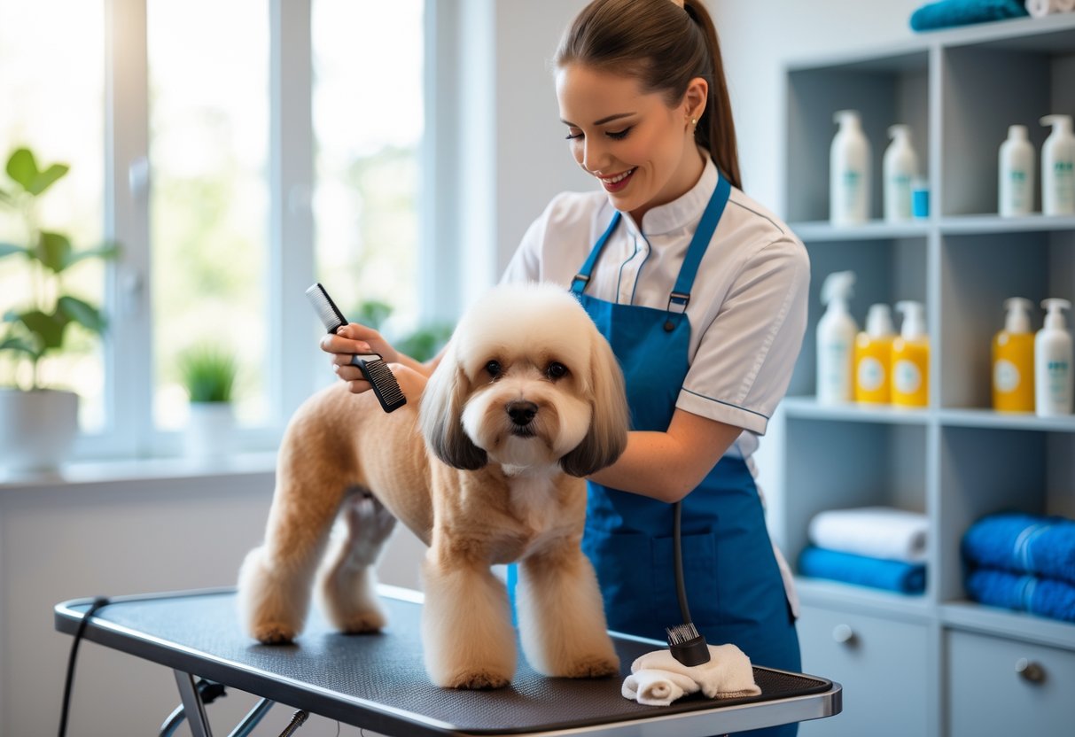 A dog groomer gently grooming a medium-sized dog on a table inside a clean and well-lit grooming salon.