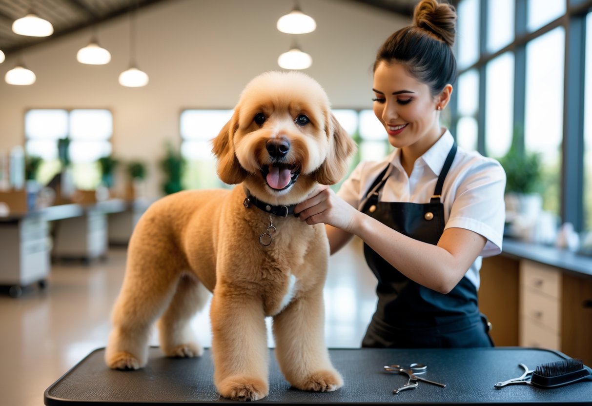 A dog groomer gently grooming a happy dog in a clean, bright grooming salon with grooming tools and natural light.