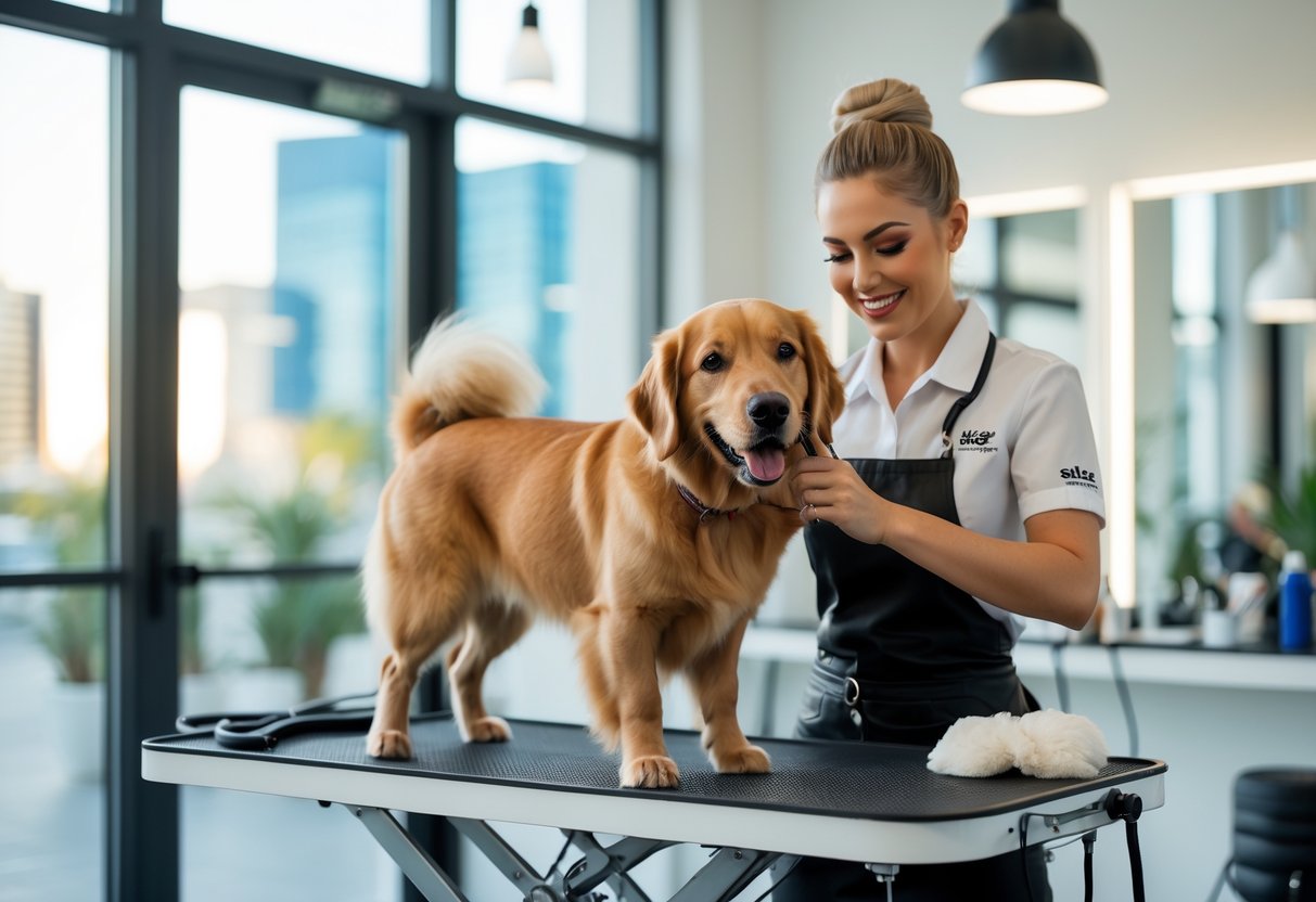 A dog groomer trimming a golden retriever's fur on a grooming table inside a bright grooming salon with large windows.