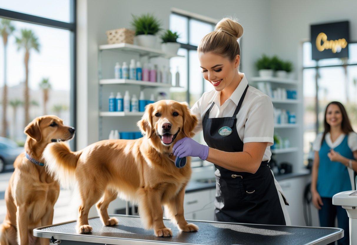 A dog groomer trimming a golden retriever's fur in a clean grooming salon with grooming tools and a waiting dog in the background.