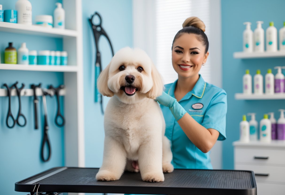 A happy dog sitting on a grooming table with a smiling groomer in a clean salon filled with grooming tools and pet care products.