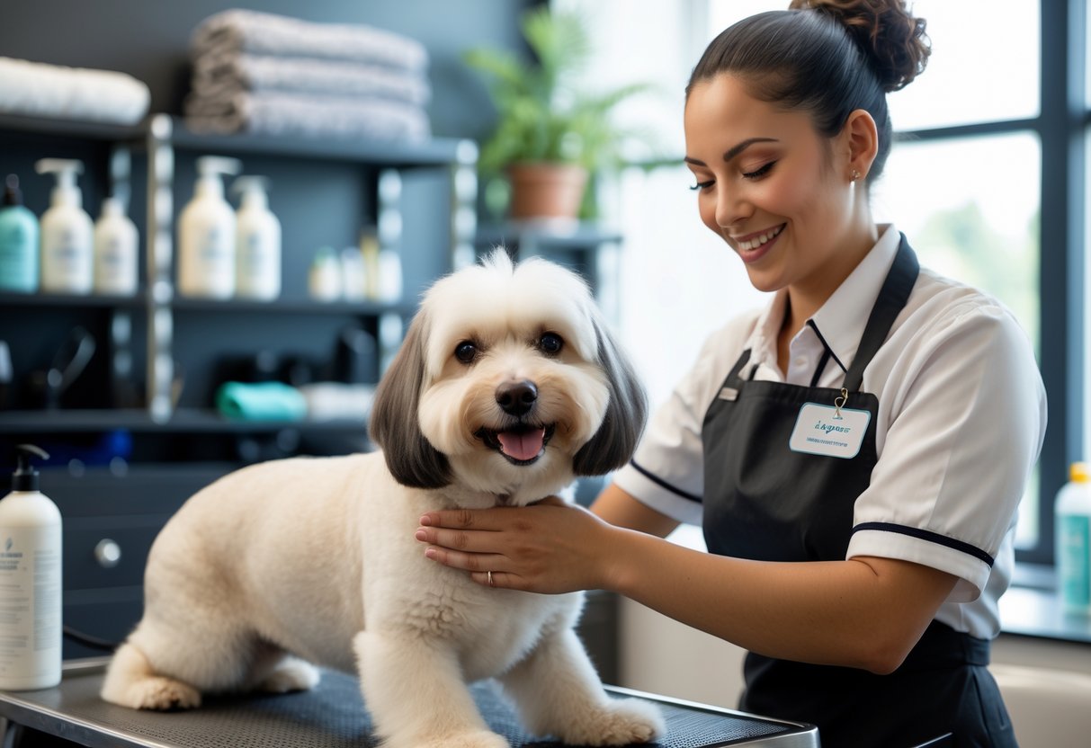 A dog groomer brushing a medium-sized dog on a grooming table in a clean salon with grooming tools in the background.
