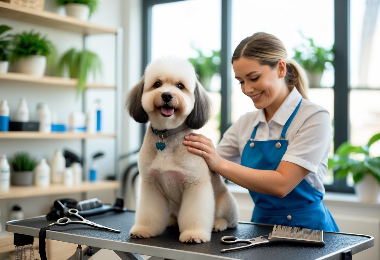 A dog groomer brushing a calm dog on a grooming table inside a bright grooming salon.