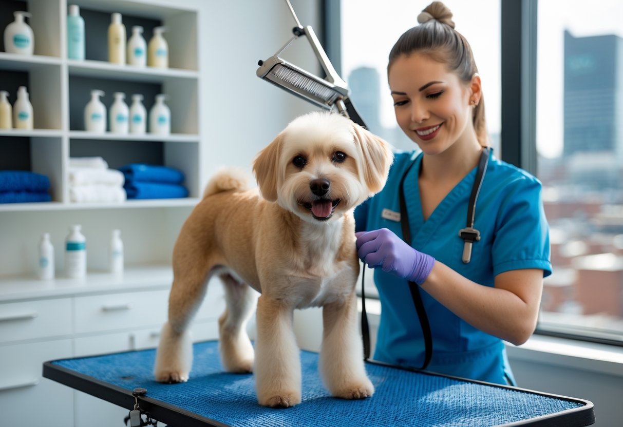 A dog groomer trimming a dog's fur on a grooming table inside a bright salon with grooming tools and a city view in the background.
