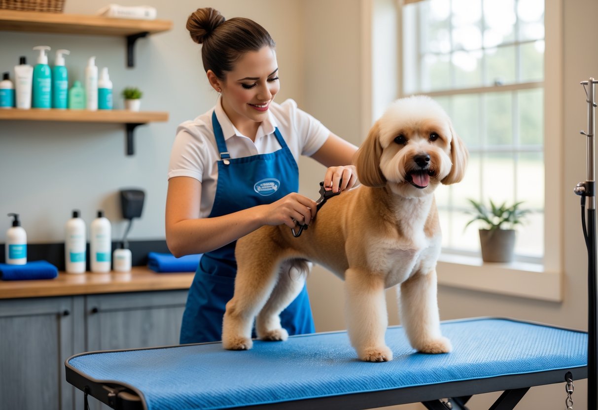 A dog groomer trimming the fur of a medium-sized dog on a grooming table in a clean, well-lit grooming studio.