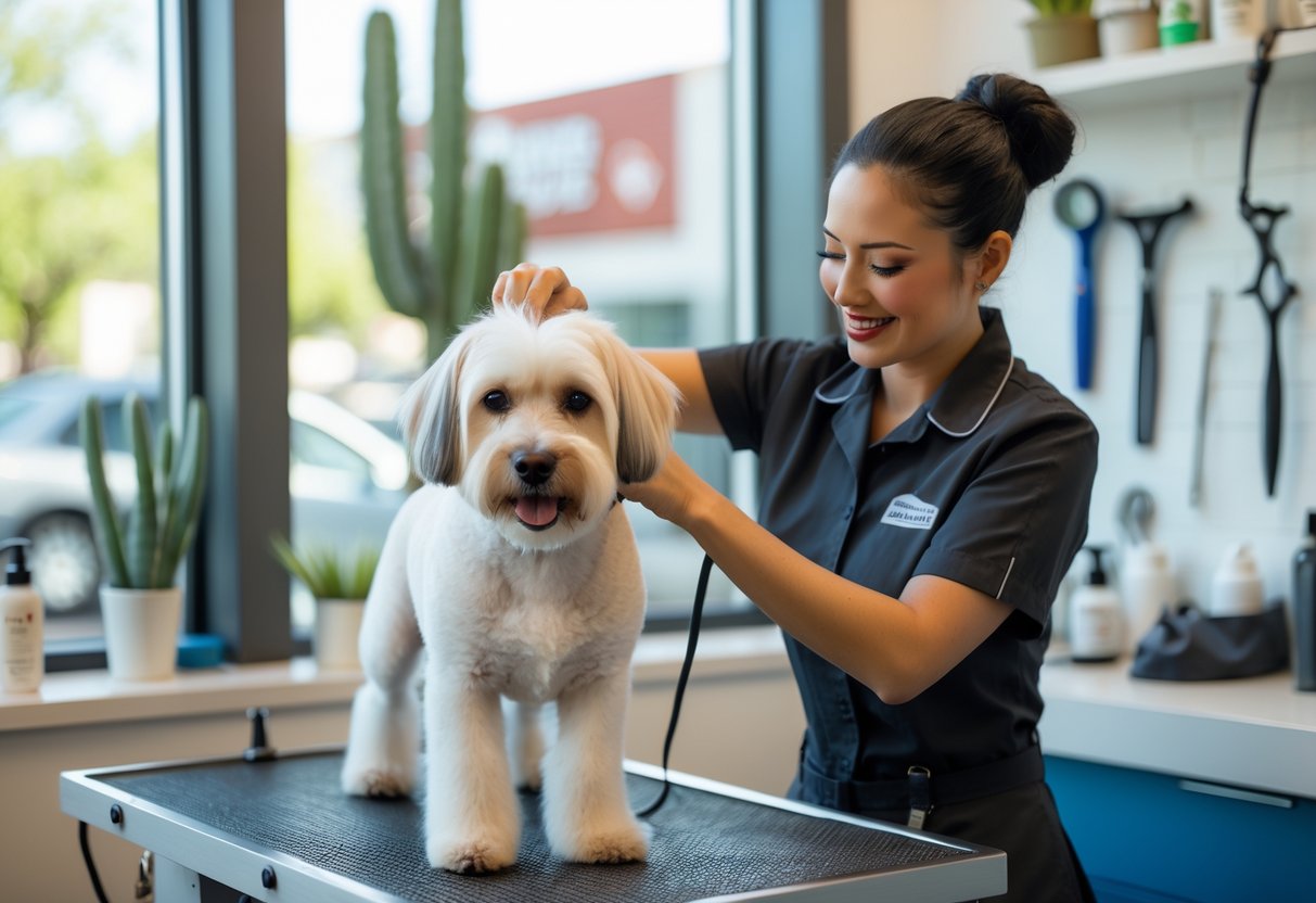 A dog groomer trimming a happy dog in a clean grooming salon with grooming tools and Austin-themed decor.