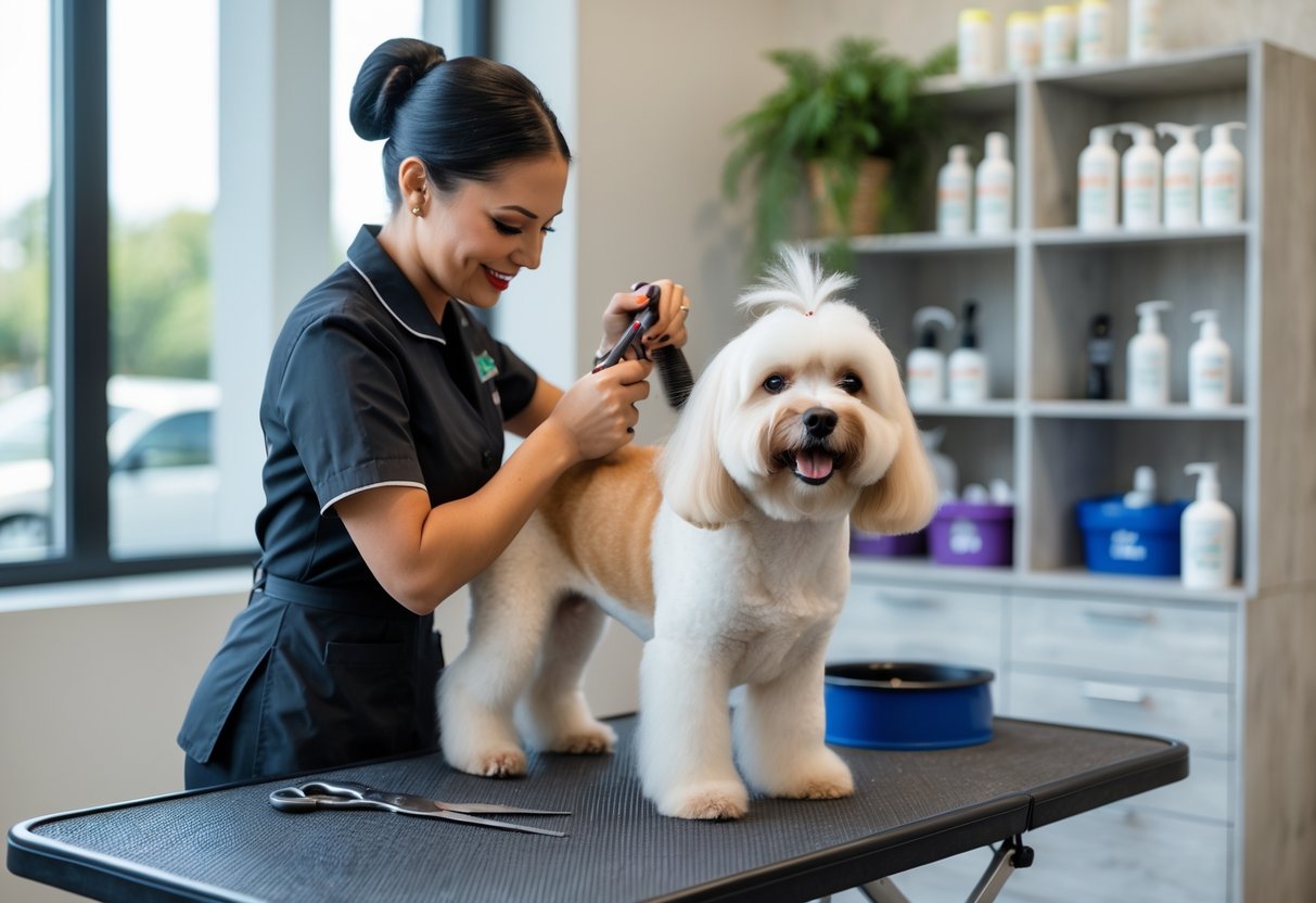 A dog groomer carefully grooming a medium-sized dog on a grooming table inside a bright and clean salon.