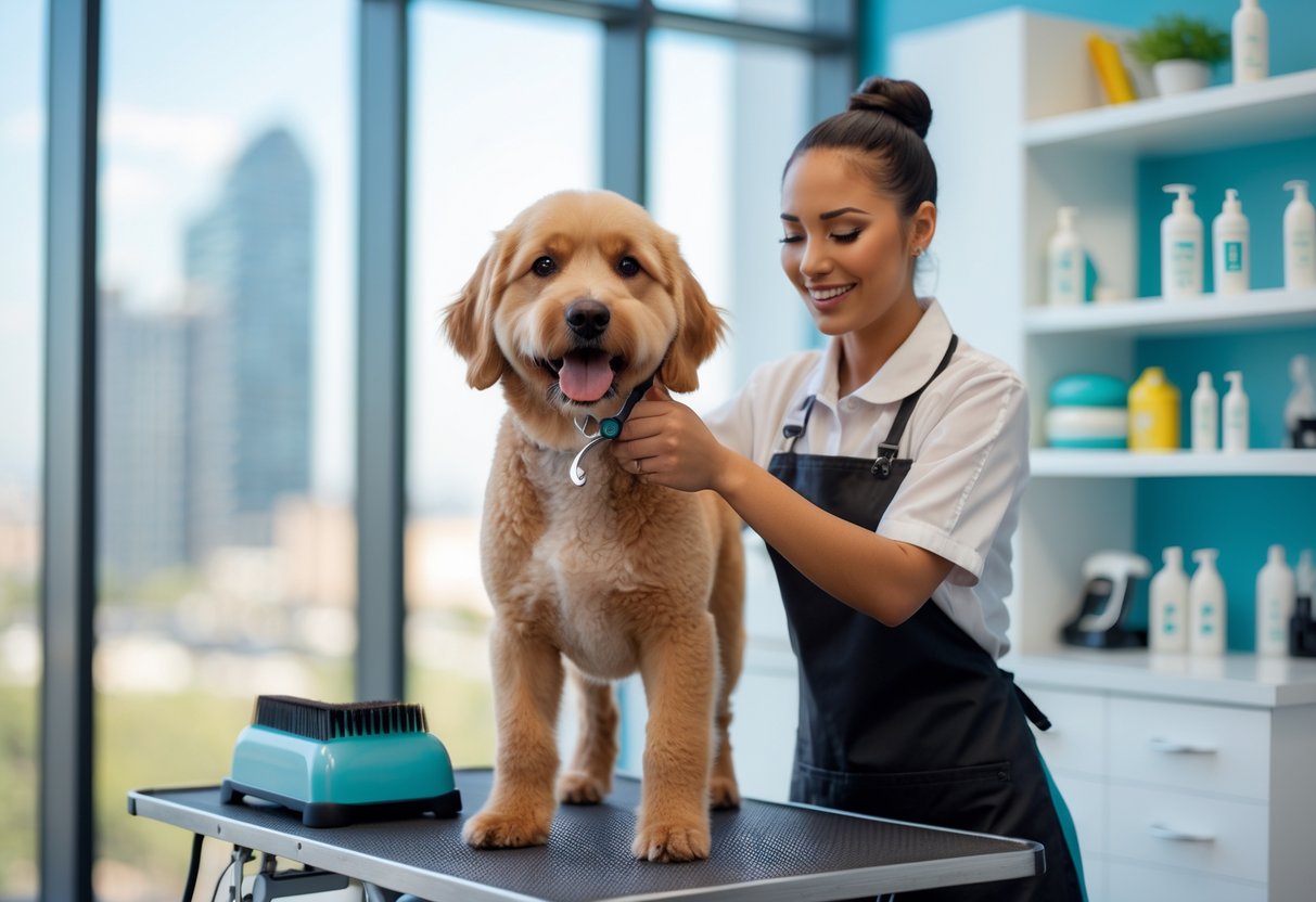 A dog being gently groomed by a professional groomer in a clean, modern grooming salon with grooming tools visible and a city skyline in the background.