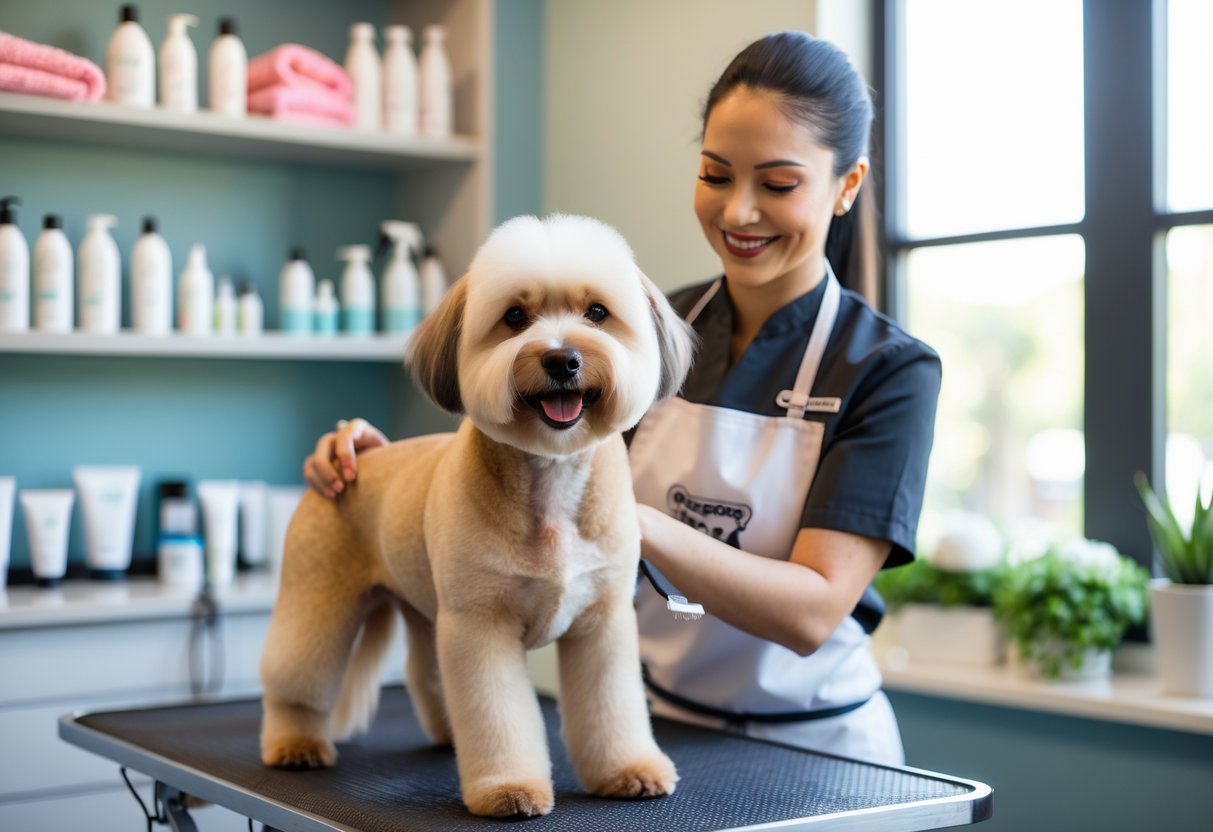 A dog groomer gently trimming a medium-sized dog on a grooming table inside a clean, well-lit salon.