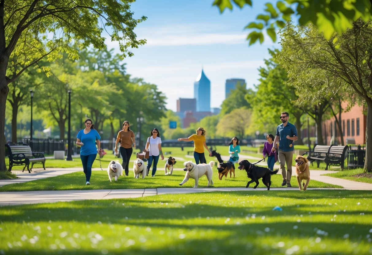 People enjoying a sunny day with their dogs playing in a spacious, green dog park with trees and a city skyline in the background.
