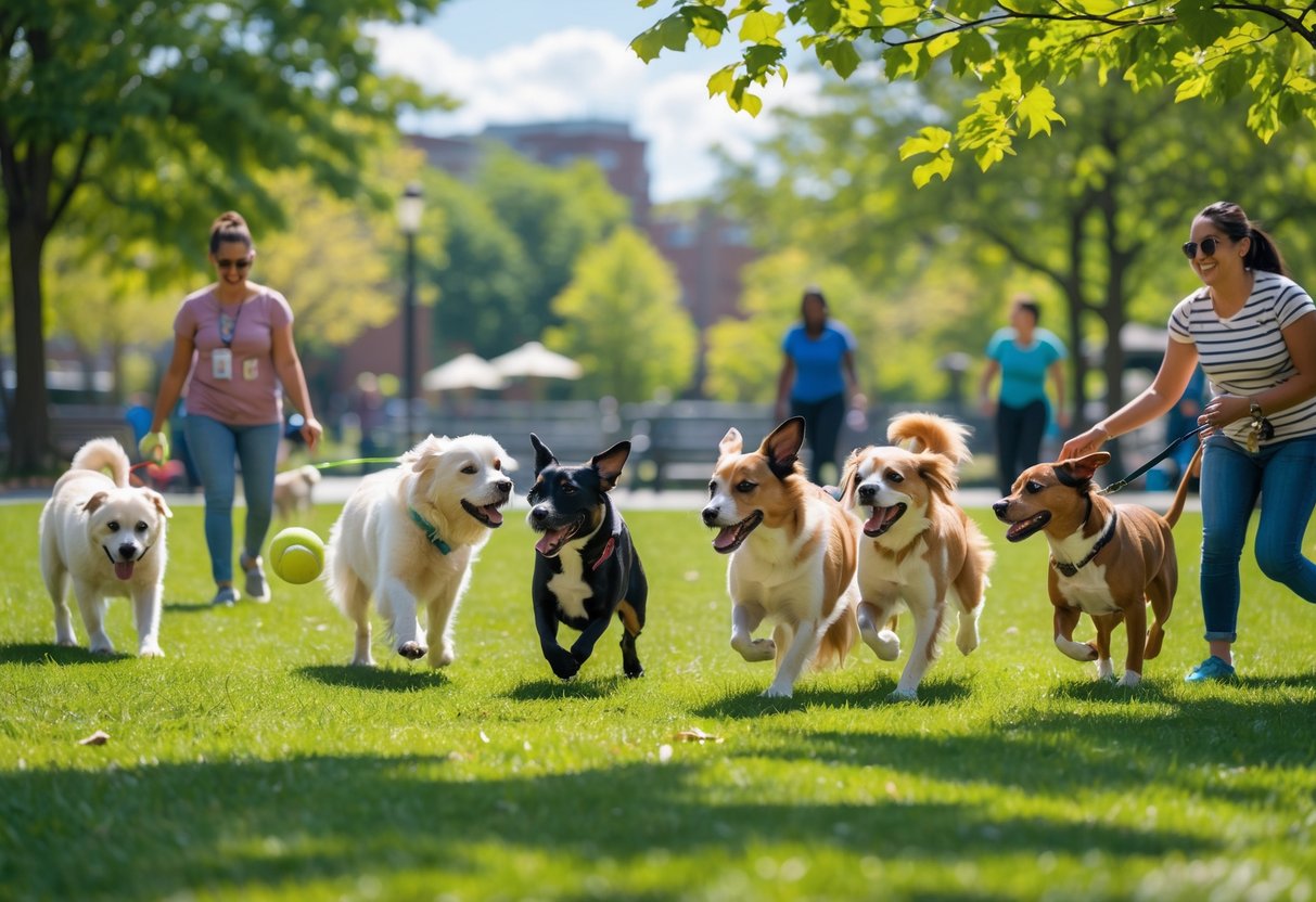 Dogs of various breeds playing and socializing in a sunny local dog park with people watching and interacting in the background.