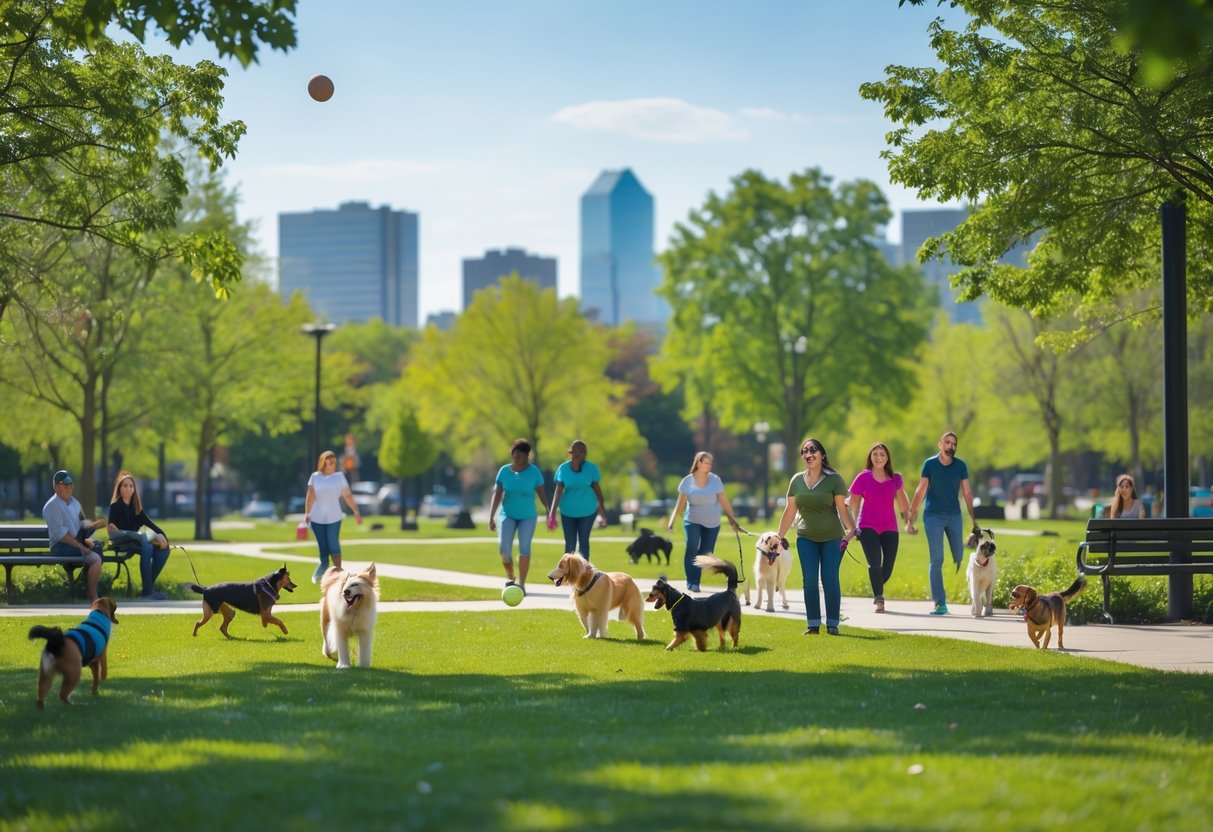 A sunny dog park in Baltimore with people and various dogs playing on green grass and walking along paths, with city buildings visible in the background.