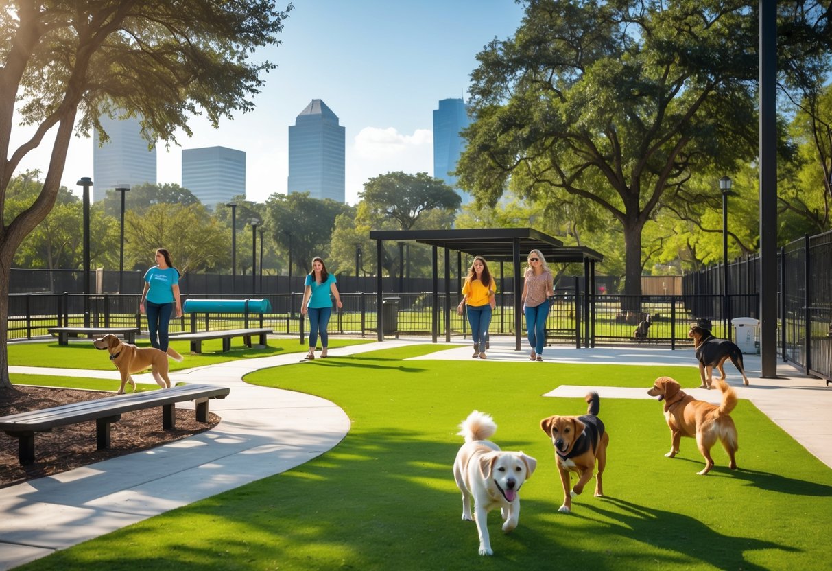 A dog park with green grass, dogs playing, owners watching, benches, water stations, and trees with a city skyline in the background.