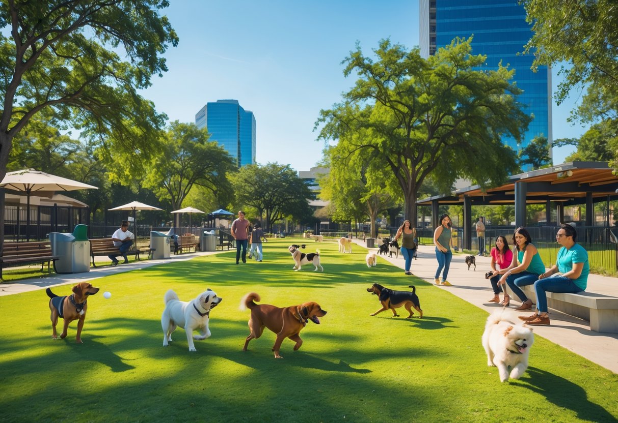 People and dogs playing and interacting in a large, grassy dog park with trees and clear skies.