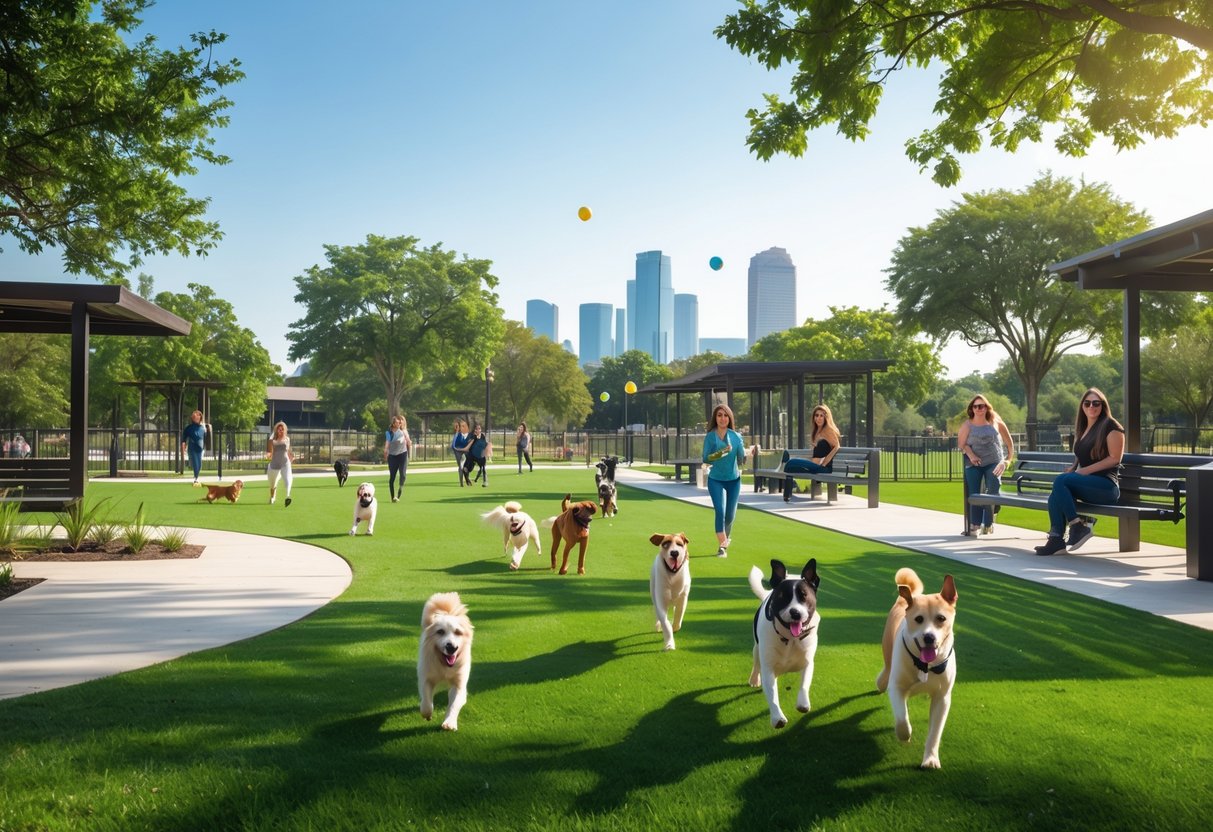 Dogs playing and people enjoying a sunny day at a large, green dog park with trees and the Houston skyline in the background.