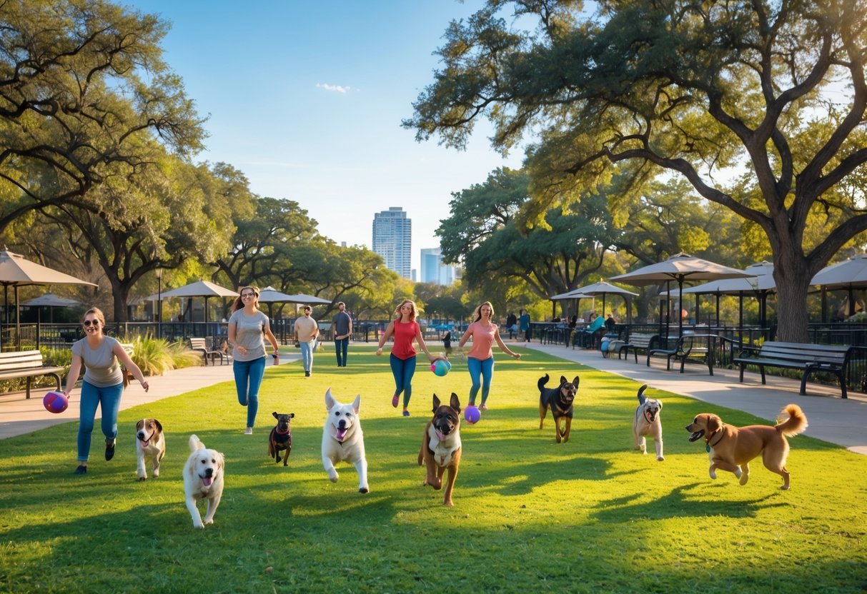 A sunny dog park in Austin with dogs playing on grass and owners interacting, trees and city skyline visible in the background.