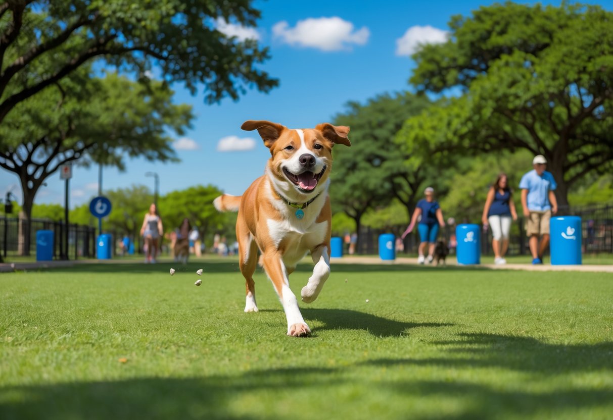 A happy dog playing in a green, well-maintained dog park with trees and people in the background.