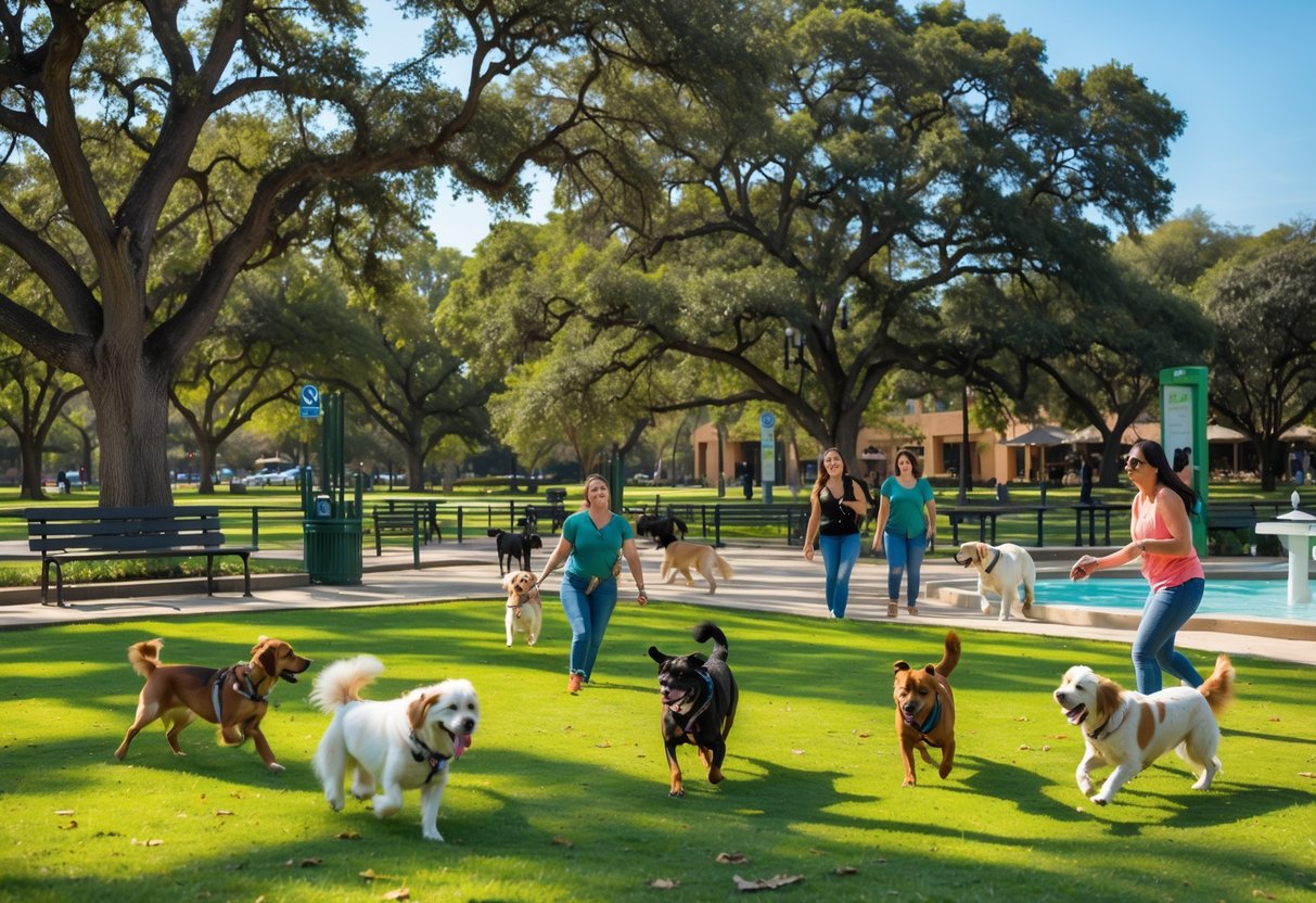 Dogs playing and people enjoying a sunny day at a spacious dog park with trees and grassy areas.