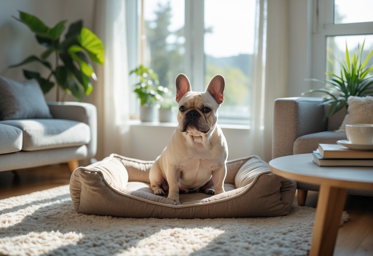 A French Bulldog sitting calmly on a dog bed in a bright living room near a window.