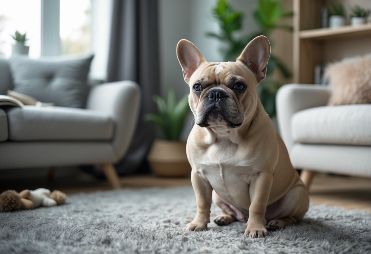 A French Bulldog sitting calmly in a cozy living room with natural light and dog toys nearby.