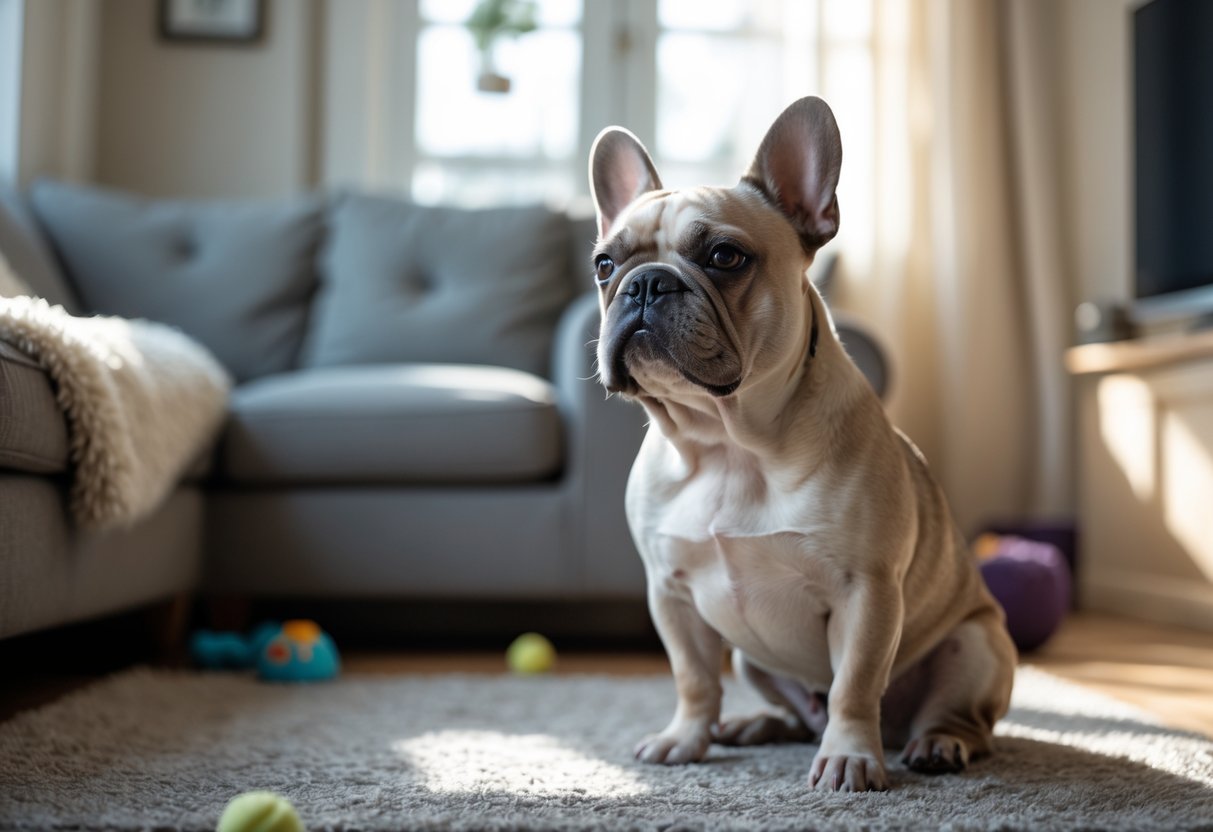 A French Bulldog sitting alone in a cozy living room, looking attentive and slightly anxious.