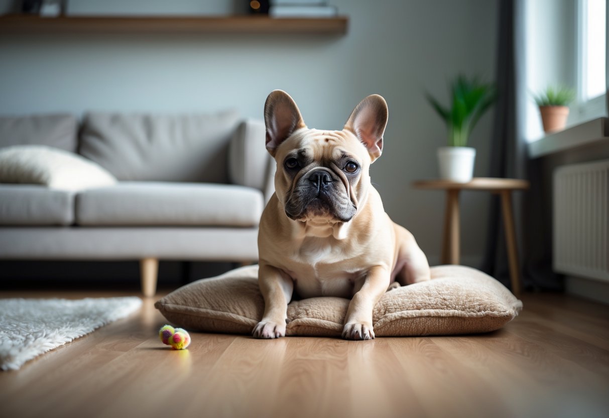A French Bulldog sitting calmly alone in a cozy living room with soft natural light and dog toys nearby.