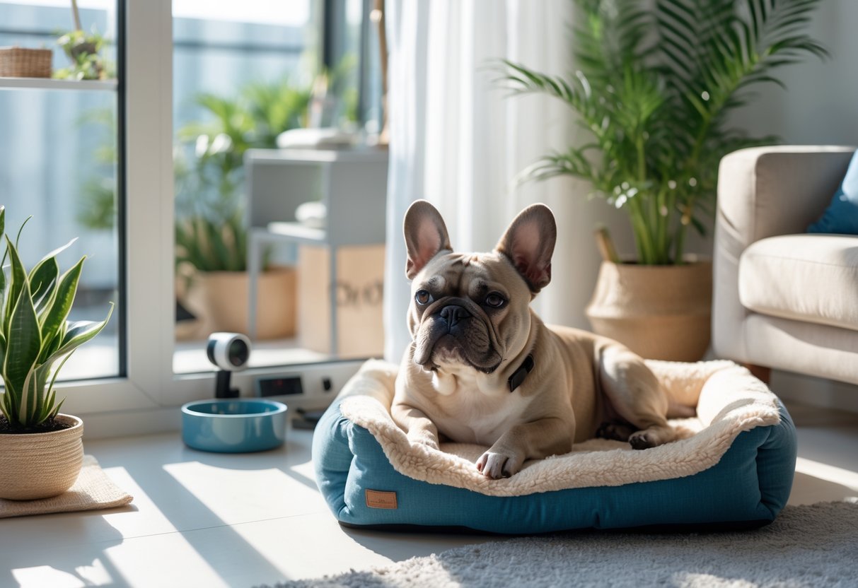 A French Bulldog resting on a dog bed in a bright living room with pet care items nearby.