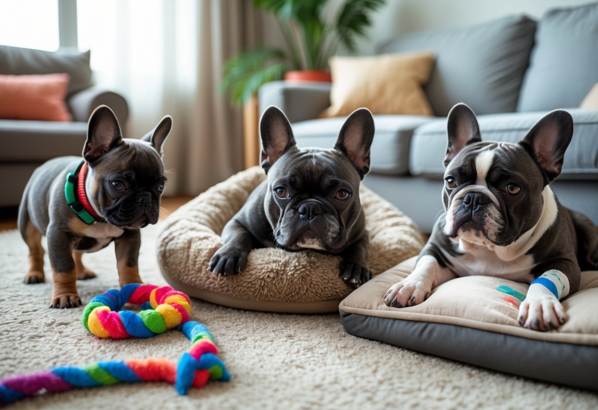 Three French Bulldogs in a living room: a playful puppy with a toy, a resting senior dog on a bed, and a calm dog with a small bandage lying on a blanket.