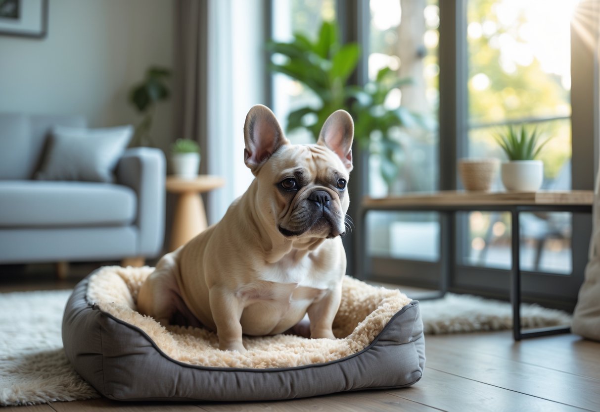 A French Bulldog sitting calmly on a dog bed in a cozy living room near a window with natural light.