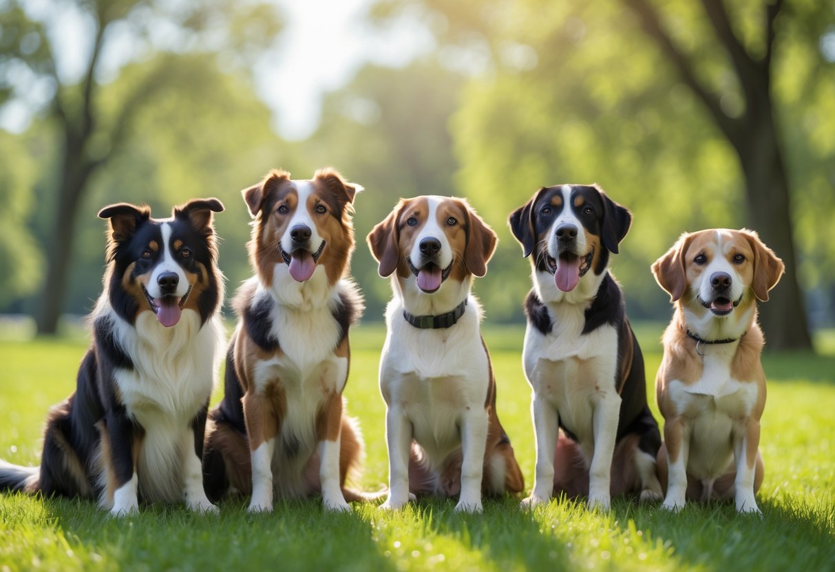A group of healthy dogs including Border Collie, Australian Shepherd, Labrador Retriever, Beagle, and Shiba Inu sitting and standing together in a sunny park with green grass and trees.