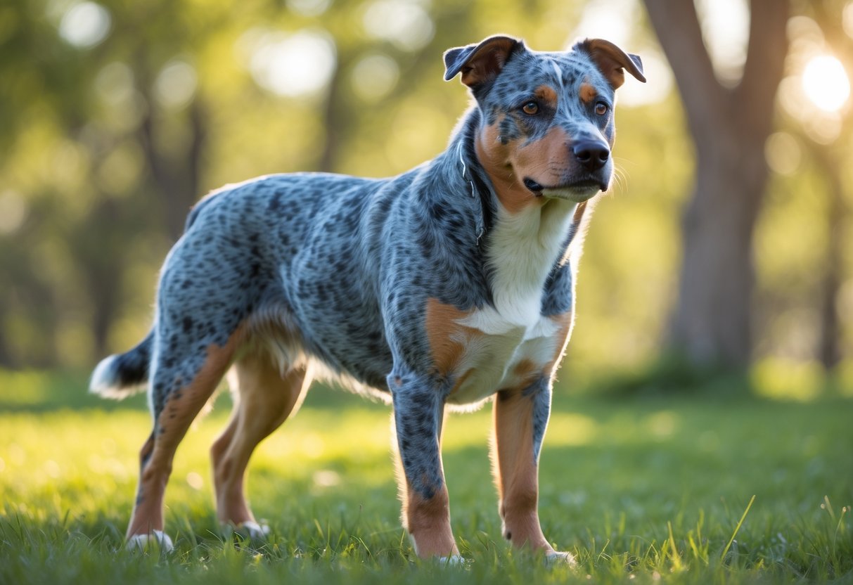 An Australian Cattle Dog standing alert on green grass outdoors with trees in the background.