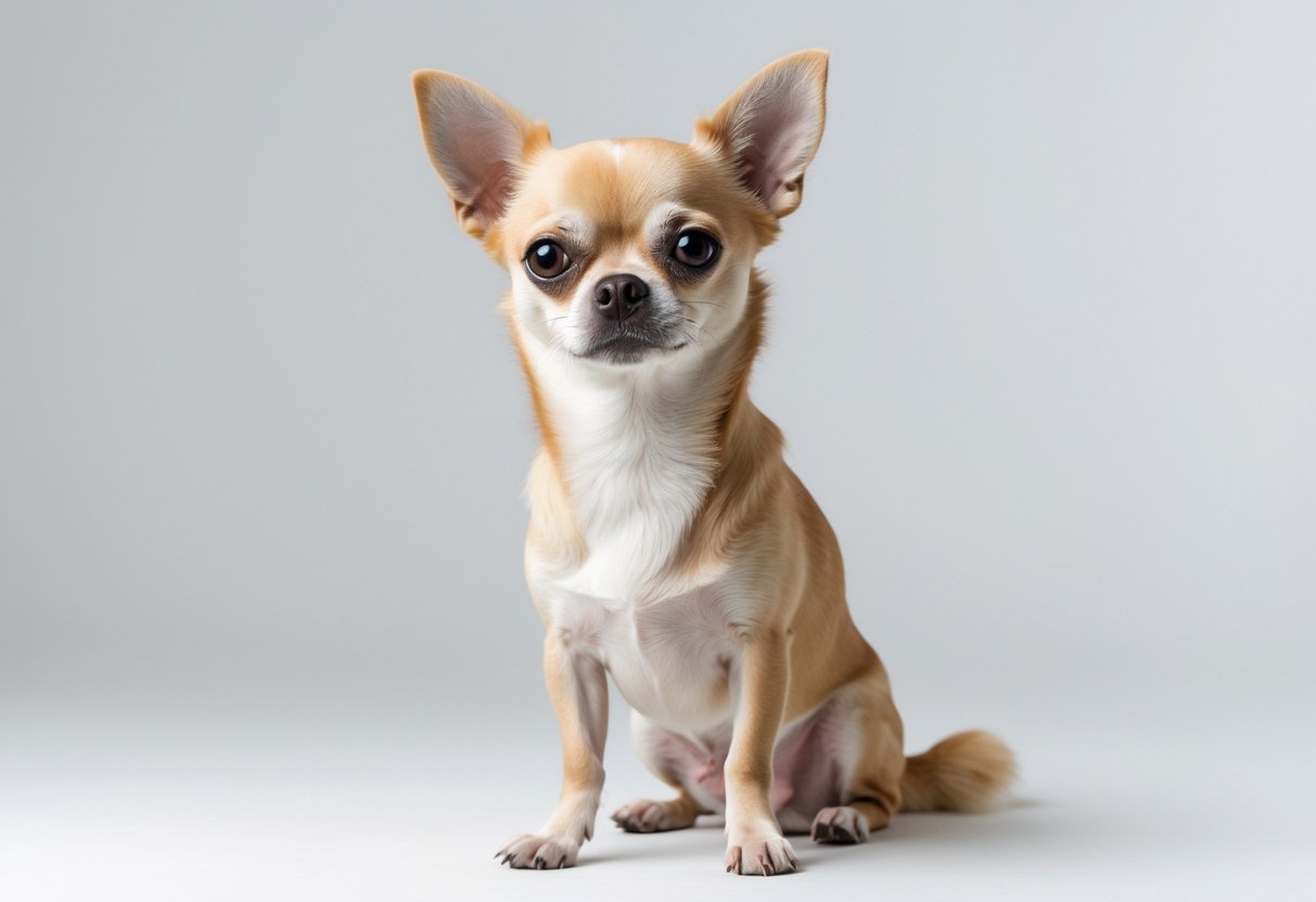 A healthy Chihuahua dog sitting attentively on a white background.