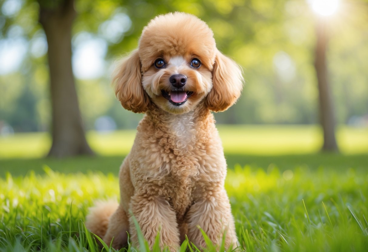 A healthy Toy Poodle sitting on green grass in a sunny park, looking alert and happy.
