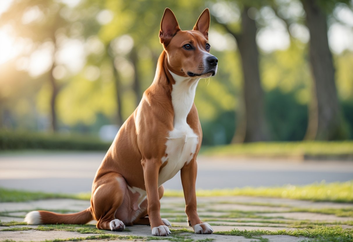 A healthy Basenji dog sitting outdoors in a green park, looking alert and attentive.