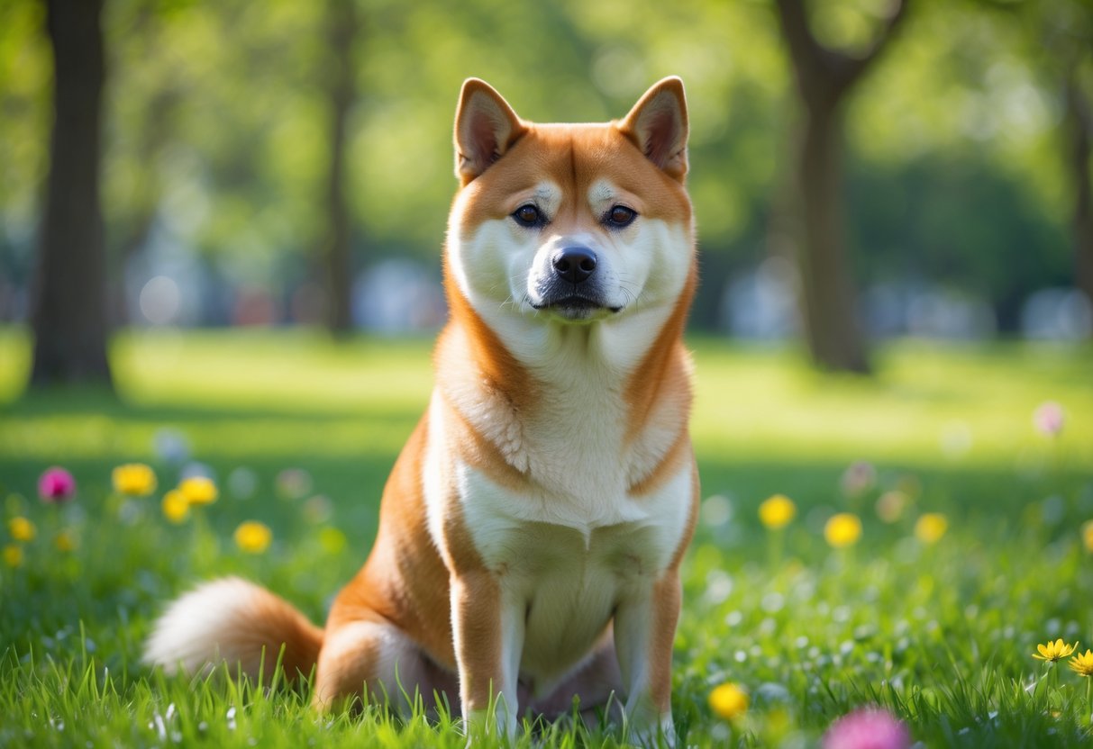 A healthy Shiba Inu dog sitting in a green park with trees and flowers in the background.