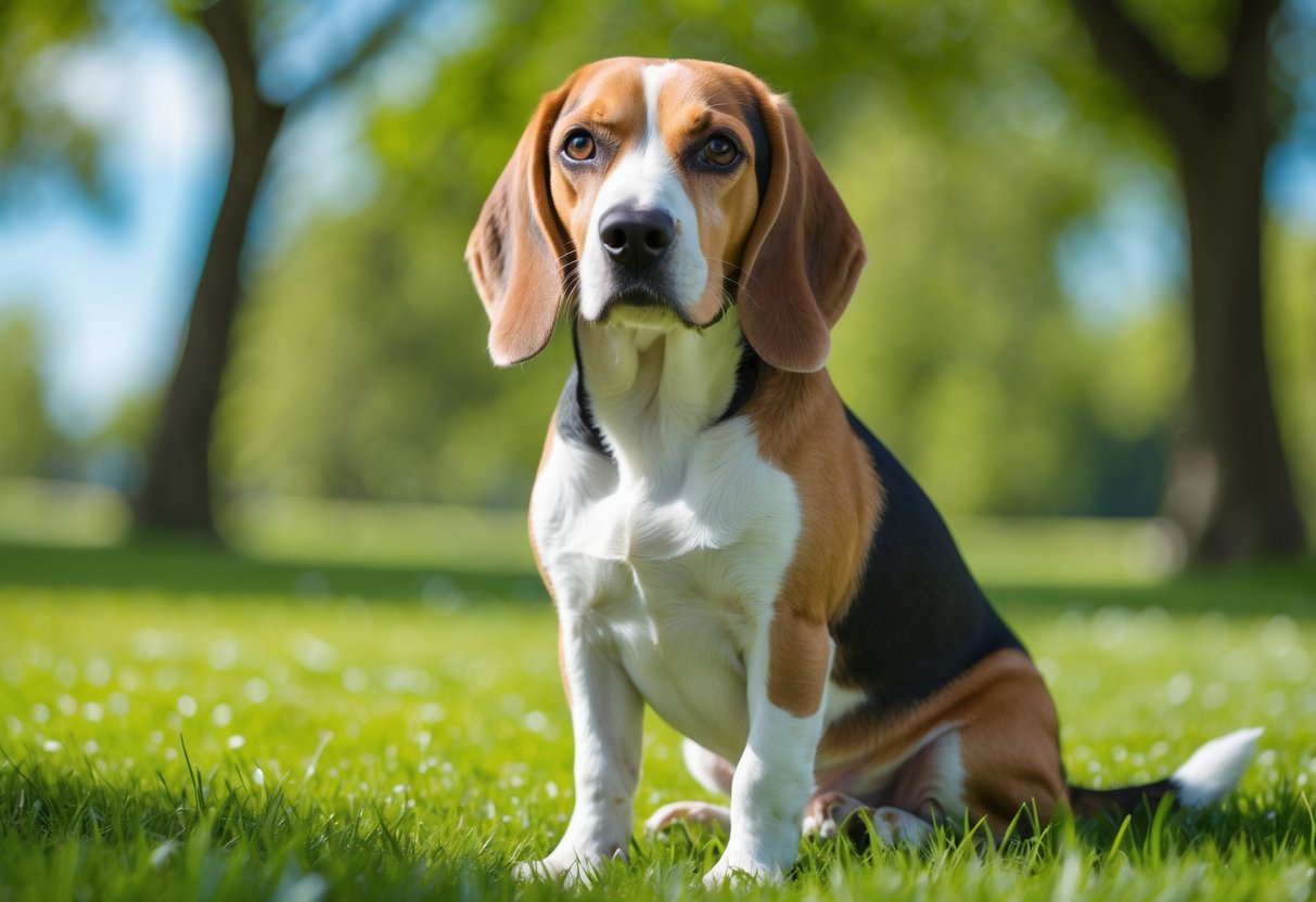 A healthy Beagle dog sitting in a green park with trees and blue sky in the background.