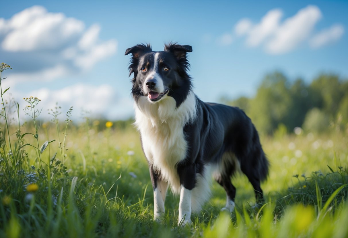 A healthy Border Collie standing alert in a green meadow with wildflowers and a blue sky.