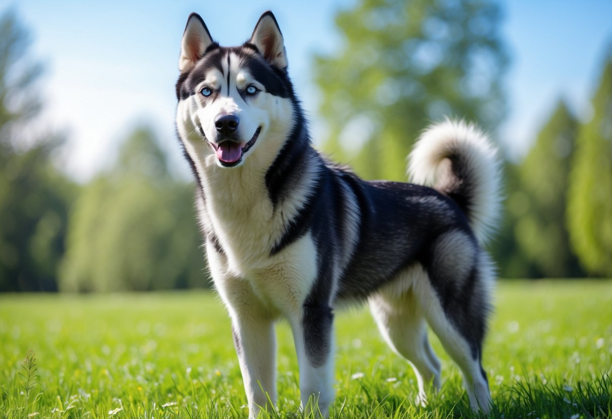 A Siberian Husky standing in a green meadow with trees and blue sky in the background.