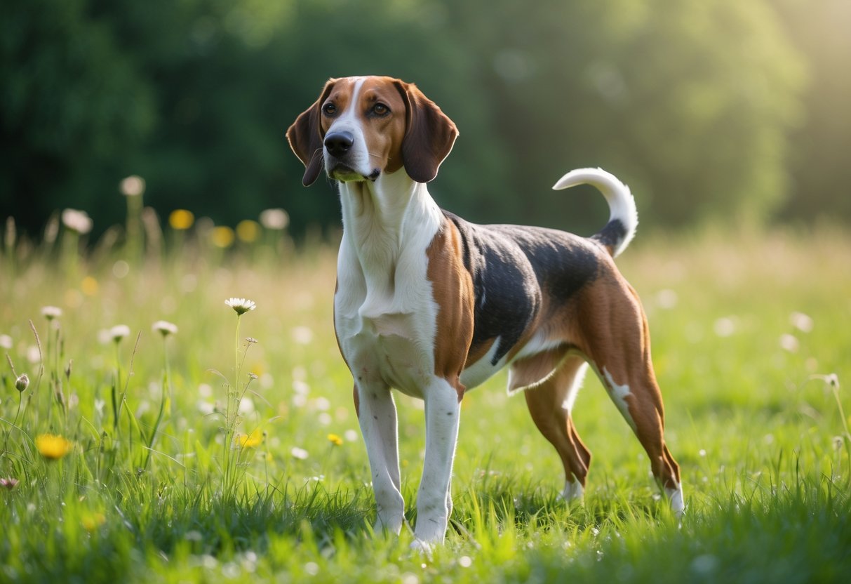 An English Foxhound standing alert in a green meadow with wildflowers and tall grass.