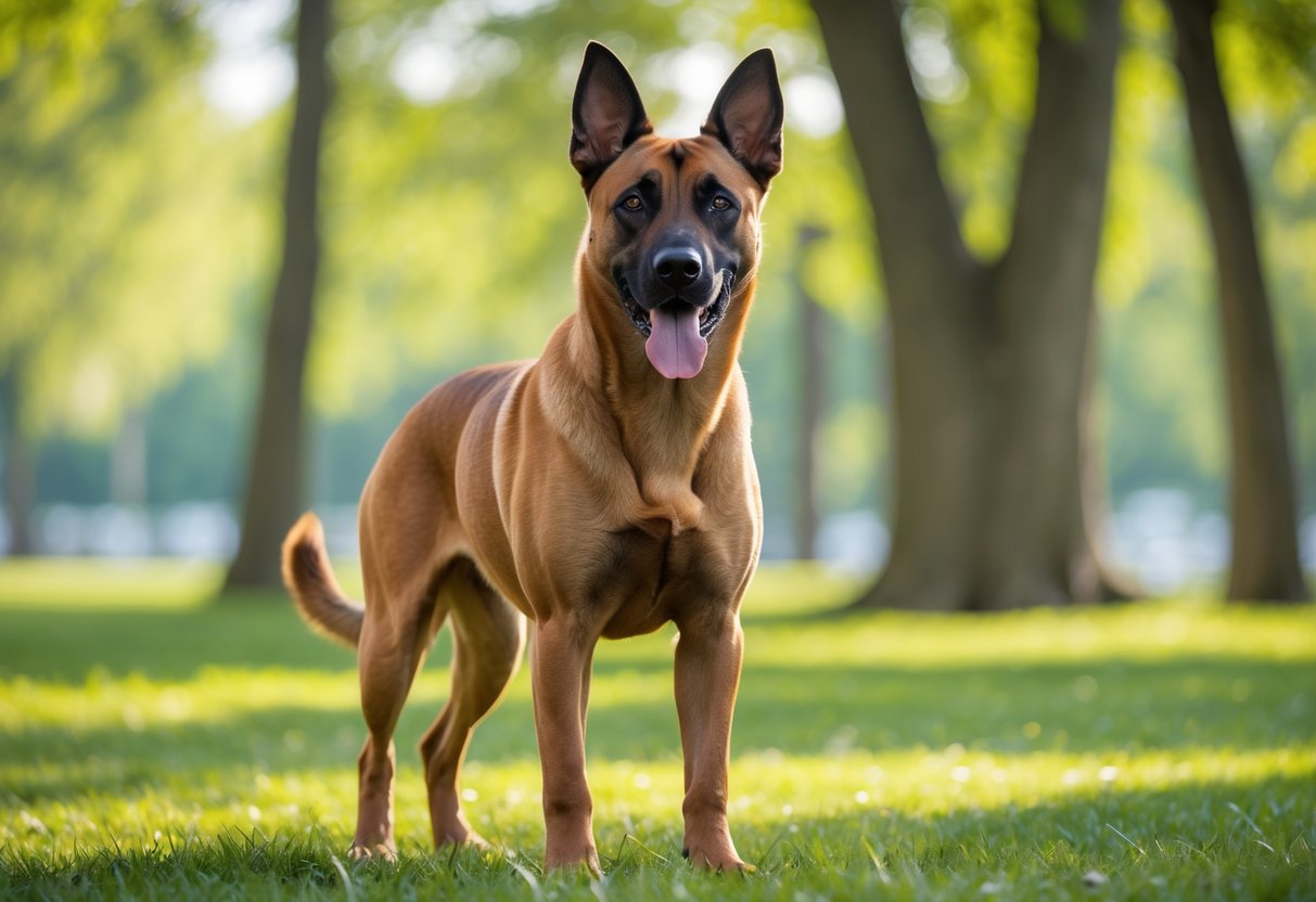 A healthy Belgian Malinois dog standing in a green park with sunlight filtering through trees.
