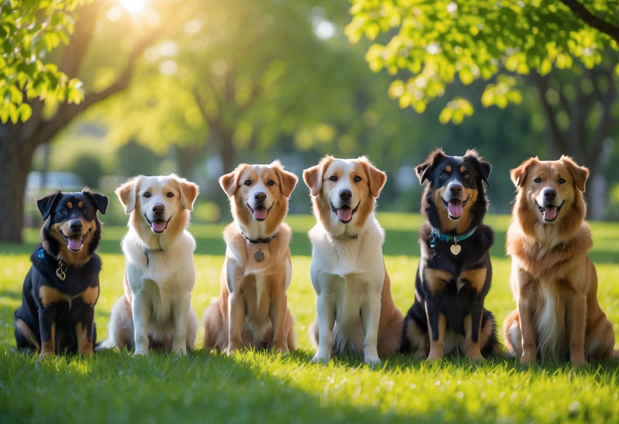 Several healthy dogs of different breeds playing and sitting on green grass in a sunny park.