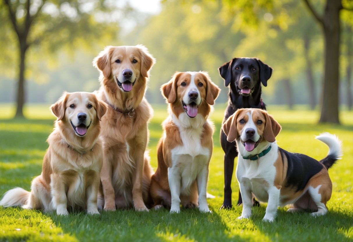 Several healthy dogs of different breeds standing and sitting on grass in a sunny park.