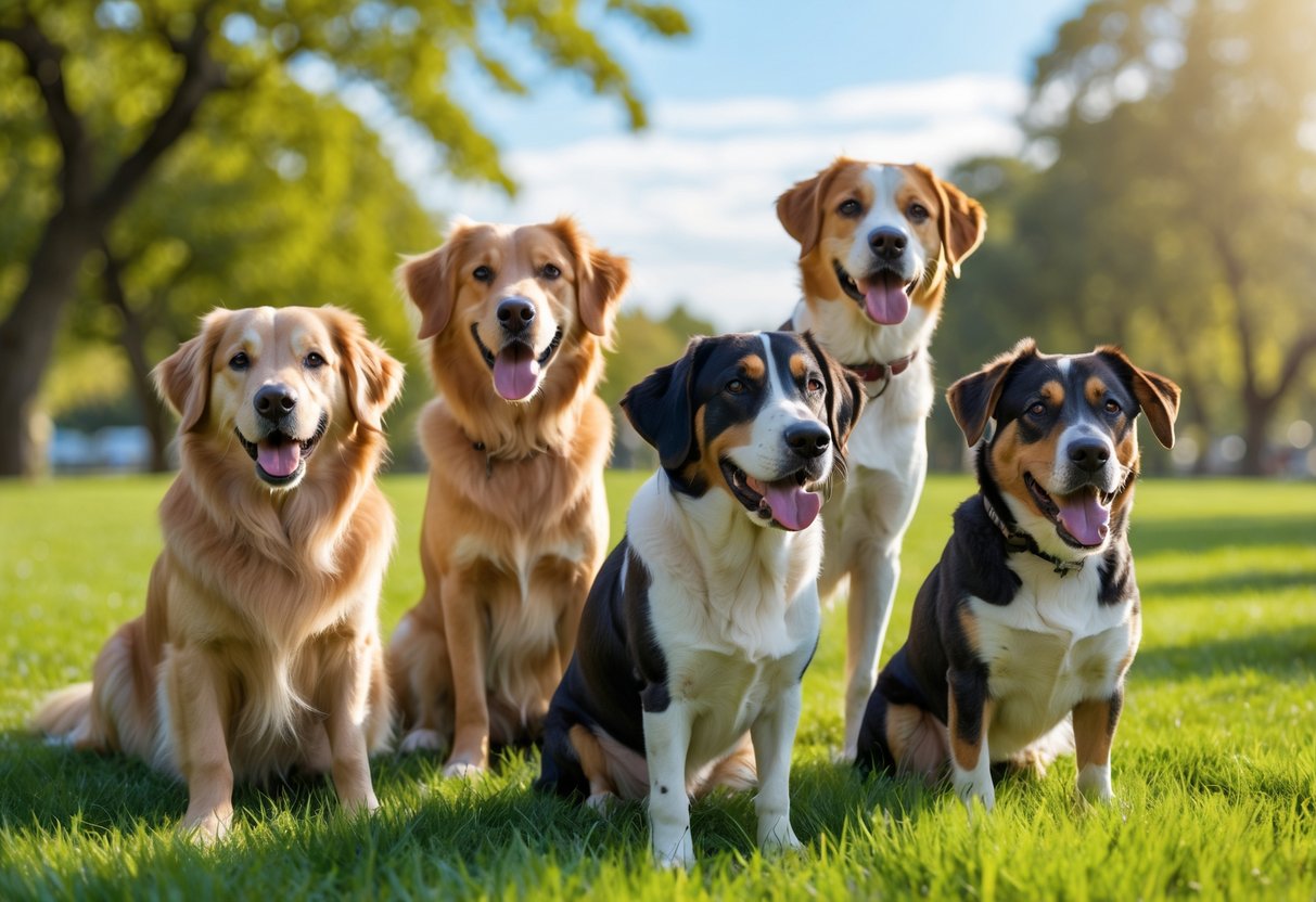 Several healthy dogs of different breeds sitting and standing on green grass in a sunny park.