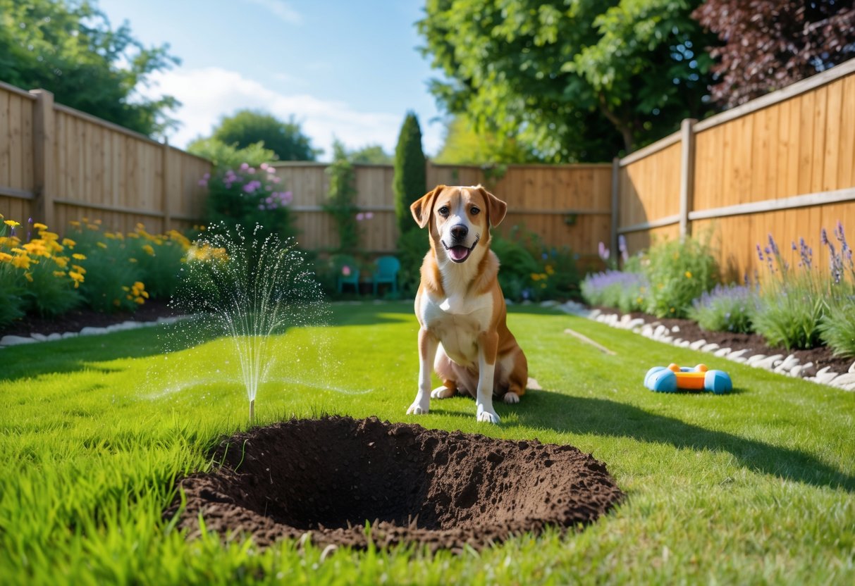 A dog sitting calmly in a backyard garden near a covered hole with a fence, sprinkler, plants, dog toy, and mulch visible nearby.