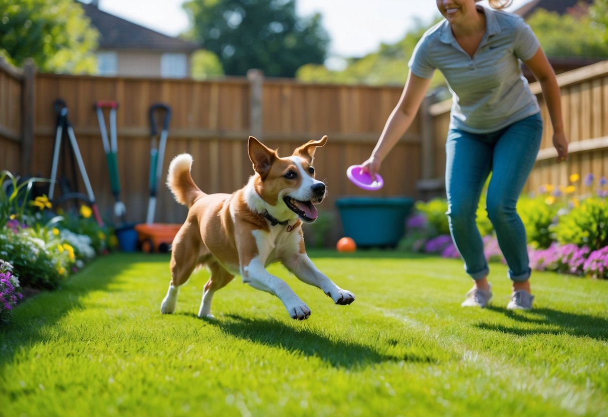 A dog playing fetch with a person in a green backyard on a sunny day.